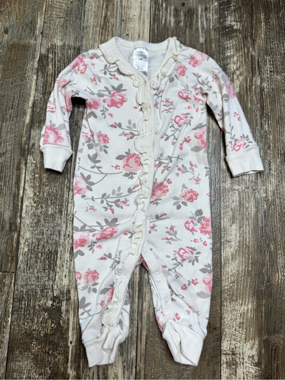 Floral Pink & Gray Baby One-Piece Footed Pajamas